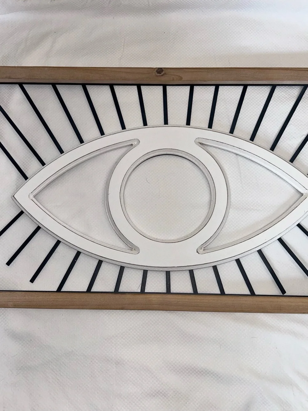 Custom made White Eye Wall Decor with Black Accents and Natural Wood Frame